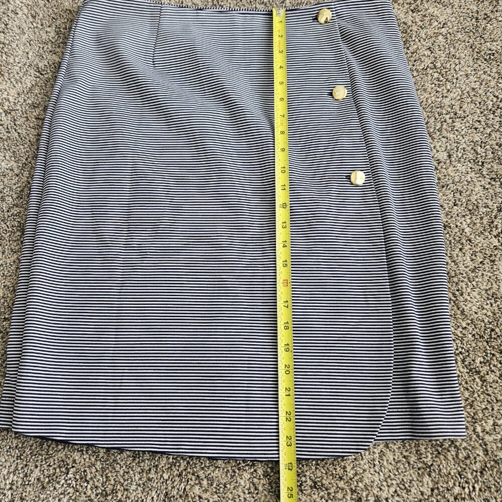 Women's Navy Stripe Overlap Stretch Skirt Sz Large Nautical Career Office Siren - Picture 11 of 13